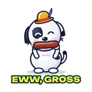 Animated sticker: a dog in a hat eats a sausage and spits it out, caption “Eww, gross”