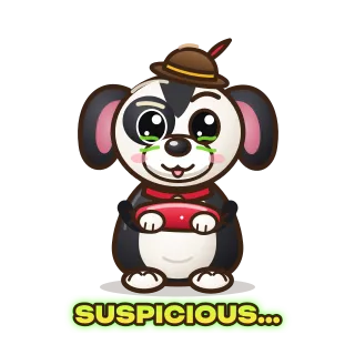 Sticker: a dog squints suspiciously, caption “Suspicious…”